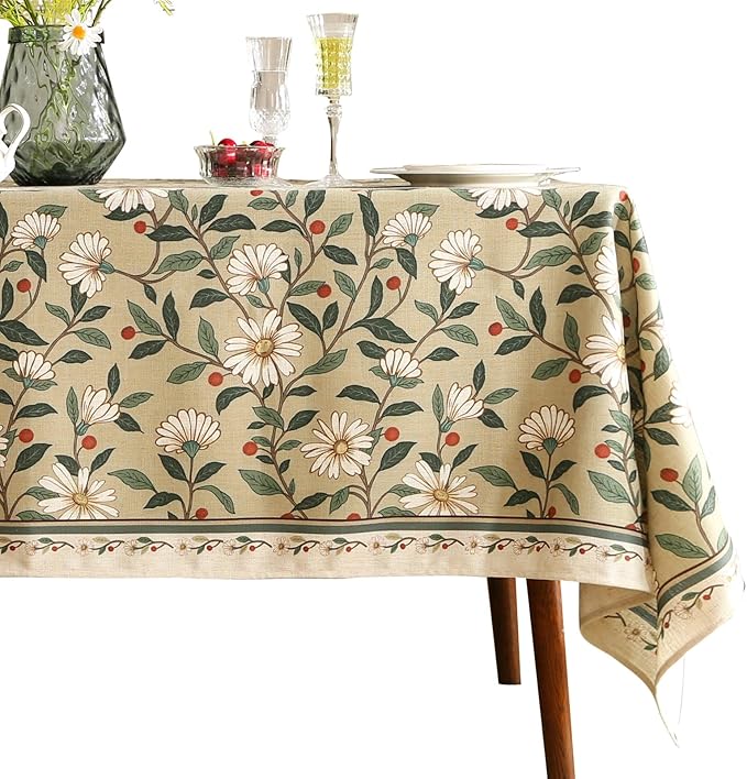 Designer Green Linen Table Cloth Rectangle,Floral French Country Indoor Tablecloth,Stain Resistant Home Decor Tablecloths for Dining Kitchen Thanksgiving Party,55"*79"-Brune