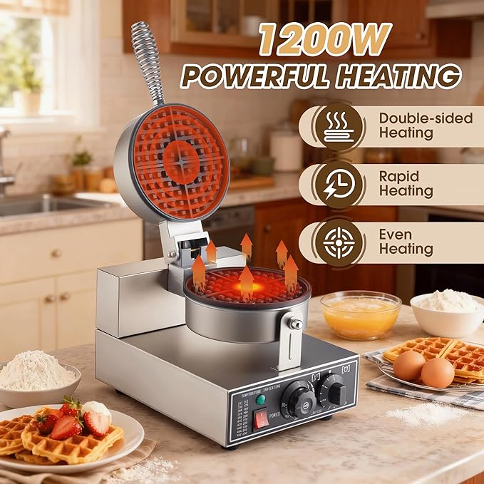 Commercial Waffle Maker, 1200W Waffle Iron, Professional Rotatable Waffle Baker Machine with Temp and Time Control, Non-Stick Baking Pan Stainless Steel for Restaurant Bakeries Kitchen Home