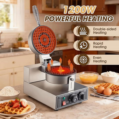 Commercial Waffle Maker, 1200W Waffle Iron, Professional Rotatable Waffle Baker Machine with Temp and Time Control, Non-Stick Baking Pan Stainless Steel for Restaurant Bakeries Kitchen Home