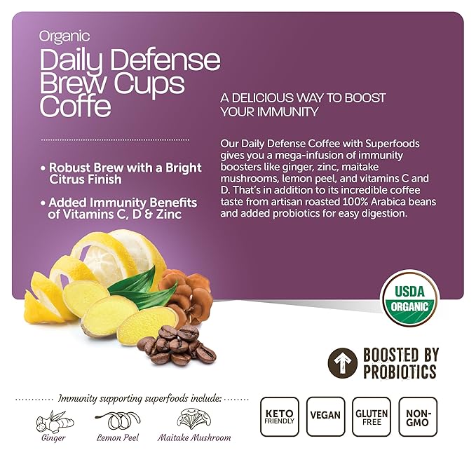 Daily Defense Organic Coffee Pods – Coffee with Maitake, Ginger Root, Lemon Peel & Superfoods – Healthy Mold Free Probiotic beverage, Vegan, Gluten Free - 10 Recyclable Single Serve K-Cups
