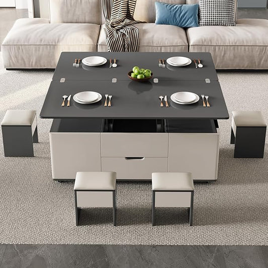 Lift Top Coffee Table with 4 Stools, 3 in 1 Multi-Function Center Table, Modern Lift Tabletop Coffee Table, Extendable Dining Table for Living Room (47.24 Inch)