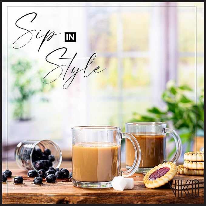 Vikko Glass Coffee Mug Set of 6, 10.75 Ounce Clear Mugs, Microwave and Dishwasher Safe