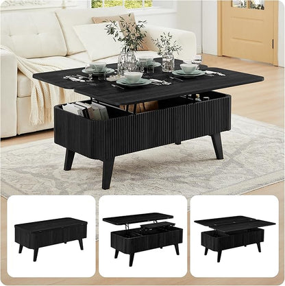 3 in 1 Lift Top Coffee Table, Fluted Convertible Coffee Tables Converts to Dining Tables, Modern Oval Wooden Center Table with Storage for Living Room Office Small Space, Partial Assembly (Black)