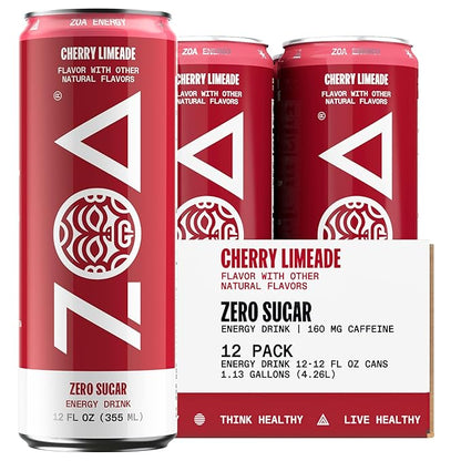 ZOA Zero Sugar Energy Drinks, Cherry Limeade - Sugar Free with Electrolytes, Healthy Vitamin C, Amino Acids, Essential B-Vitamins, and Caffeine from Green Tea - 12 Fl Oz (12-Pack)