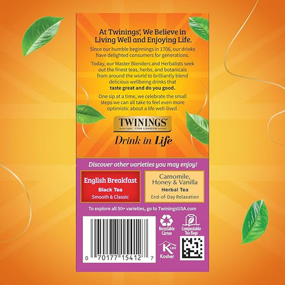 Twinings Darjeeling Black Tea Individually Wrapped Bags, 20 Count (Pack of 6), Delicate Light Taste, Caffeinated, Enjoy Hot or Iced, 120 Teabags