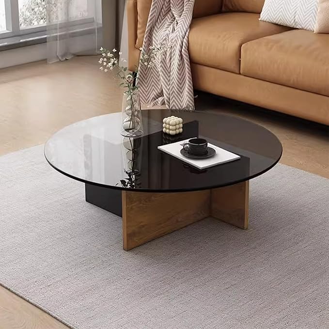 EASYSOUL Modern Round Glass Coffee Table with Wood Base for Living Room, 35.43" D x 35.43" W x 13.78" H, Mid Century Circular Center Coffee Tables with Tempered Glass Top (Walnut-Grey Glass/35.43 ")