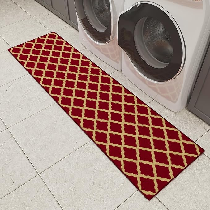 Ottomanson Hallway Runner Rug 1'10" x 7' Non Slip Trellis Area Rugs Easy to Clean Laundry Rug Runner Durable & Pet Friendly Floor Carpet Runners for Hallways Entryway Living Room Kitchen Bathroom, Red