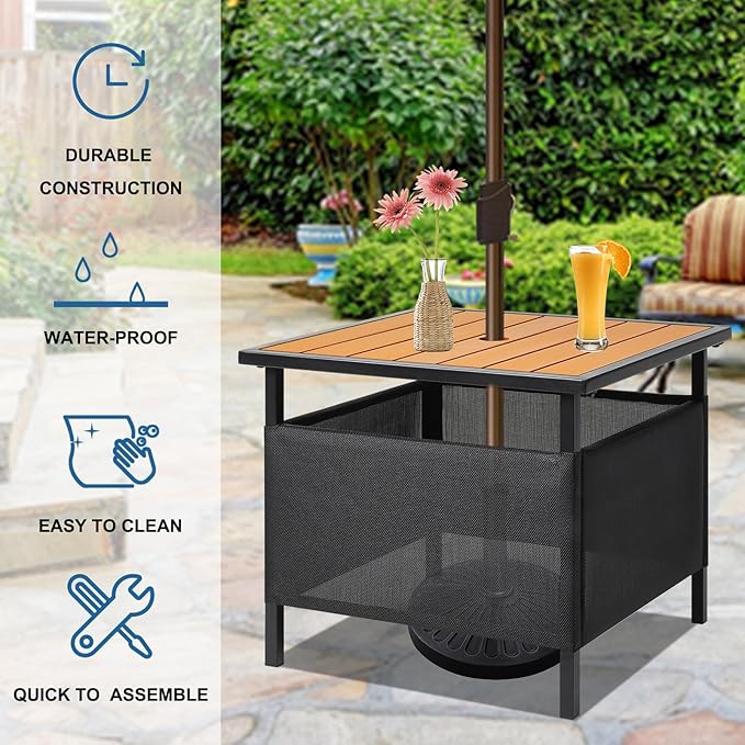LZRS Adirondack Square Outdoor Side Table with Umbrella Hole, Pool Composite Patio Table,HDPE End Tables for Backyard,Pool, Indoor Companion, Easy Maintenance & Weather Resistant(Teak)