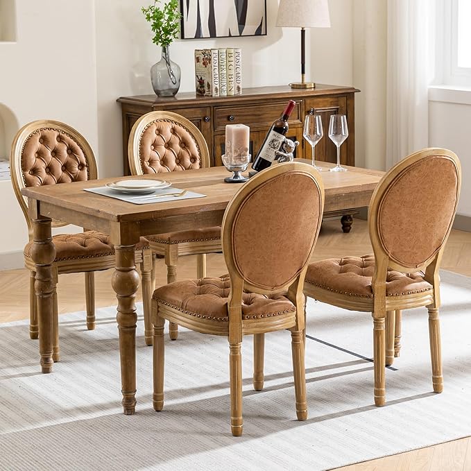 French Country Dining Chairs Set of 2, Amber Upholstered Dining Chairs, PU Leather Tufted Back, Solid Wood Legs, Farmhouse Kitchen & Dining Room Chairs, Sillas De Comedor (Amber, 2Pcs)