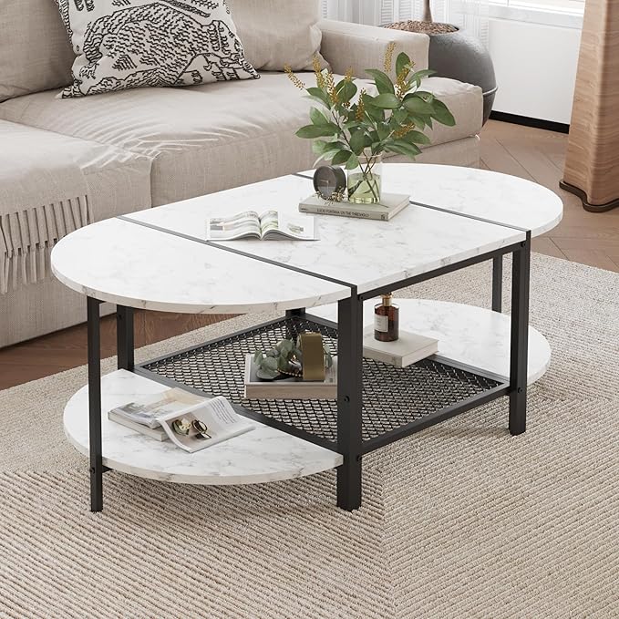 SENIG Oval Coffee Table with Faux Marble Top, 2-Tier Storage Shelf and Metal Frame, Living Room Center Table Modern, White Marble Finish