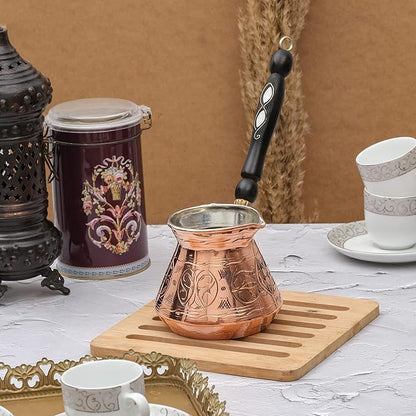BCS 18 Oz X-Large Copper Turkish Greek Arabic Coffee Pot with Wooden Handle (6 servings) Cezve Ibrik Briki Stovetop Coffee Maker (Includes Wooden Spoon)