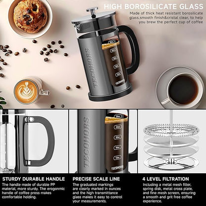 French Press Coffee Maker 34oz / 1 Quart 304 Stainless Steel Coffee Press,with 4 Filters System, Heat Resistant Thickness Borosilicate Glass, Brewed Coffee Pot (Bright Black)