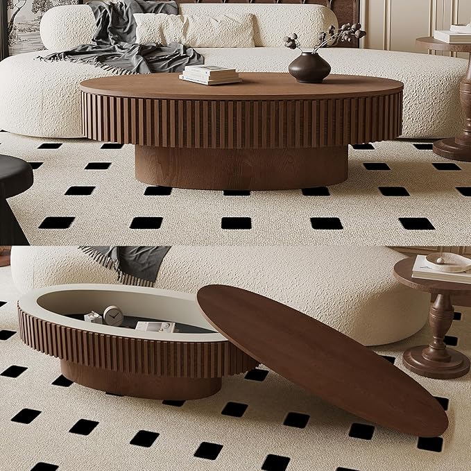 47 Inch Oval Drum Coffee Table with Storage, Handcraft Fluted Drum Coffee Table, Modern Wooden Oval Cocktail Tea Table Center Table with Sturdy Pedestal for Living Room Apartment (Walnut)