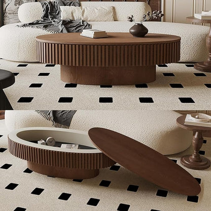 47 Inch Oval Drum Coffee Table with Storage, Handcraft Fluted Drum Coffee Table, Modern Wooden Oval Cocktail Tea Table Center Table with Sturdy Pedestal for Living Room Apartment (Walnut)