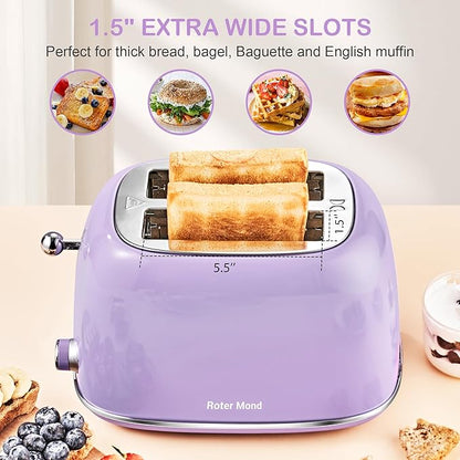 Roter Mond 2 Slice Toaster Retro Stainless Steel with Bagel, Cancel, and Defrost Functions, 6 Bread Shade Settings, Extra Wide Slots and Removable Crumb Tray, Lavender-Purple