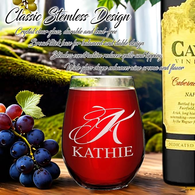Personalized Wine Glass Script Monogram Initial and Name Engraved 17 oz Stemless Customized Red White Wine Glass Gift for Women