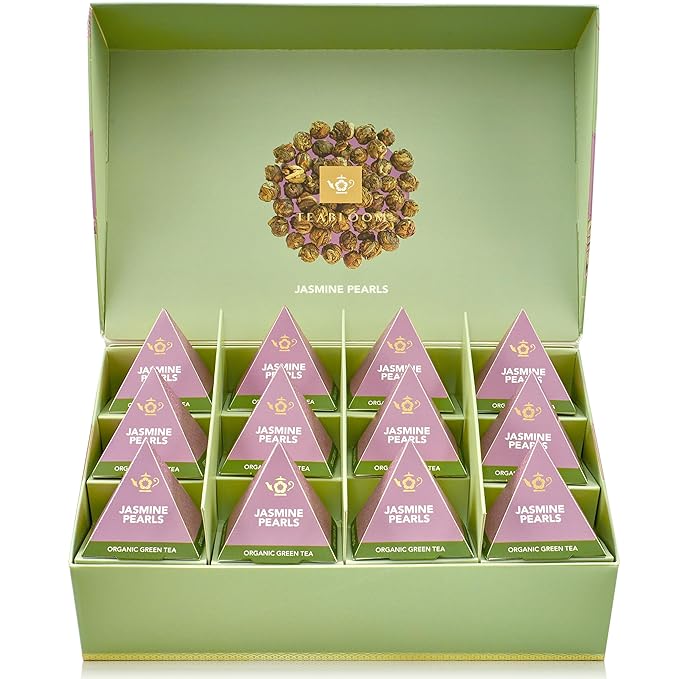 Teabloom Jasmine Pearls – USDA Organic Jasmine Green Tea in Plastic-Free Pyramid Sachets – Luxury Tea Gift Box with 12 Compostable Sachets – Kosher Certified
