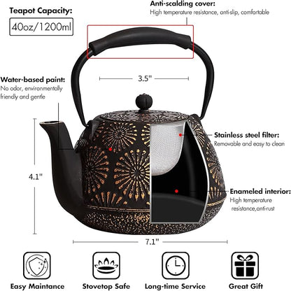 Cast Iron Teapot, 40oz Tea Kettle with Infuser for Stove Top, Sakura Design Japanese Tea Pot for Tea&Coffee Coated with Enameled Interior, Silicone Handle 1200ml black