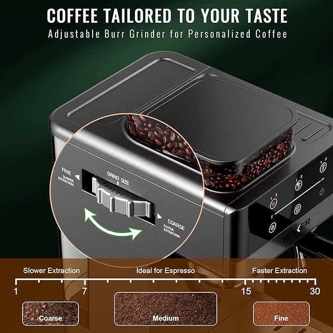 TENKER Espresso Machine with Grinder, 20 Bar Coffee Machine with Milk Frother for Home, All-in-One Stainless Steel Coffee Maker to Make Latte, Cappuccino, Hot or Cold Brew Iced Coffee, Americano