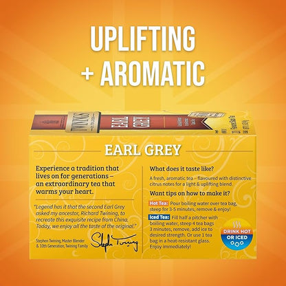 Twinings Earl Grey Black Tea Individually Wrapped Bags, 20 Count (Pack of 1), Flavoured with Citrus and Bergamot, Caffeinated, Enjoy Hot or Iced, 20 Teabags