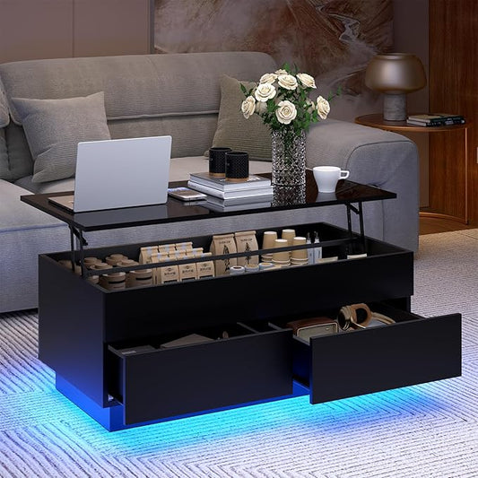 LED Coffee Table with Lift Top Morden Coffee Table with Storage High Gloss Black Sofa Table for Living Room Center Tables Hidden Compartment & 2 Drawers