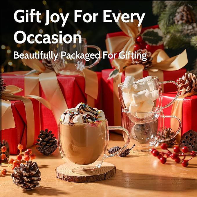 Sweese Clear Coffee Mugs - 8 oz Double Wall Glass Coffee Mugs Set of 4, Perfect for Espresso, Latte, Cappuccino