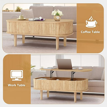 Fluted Lift Top Coffee Table with Hidden Compartment, Fully Assembled Wooden Center Table, Modern Oval Lift Tabletop for Home Living Room Office, Natural