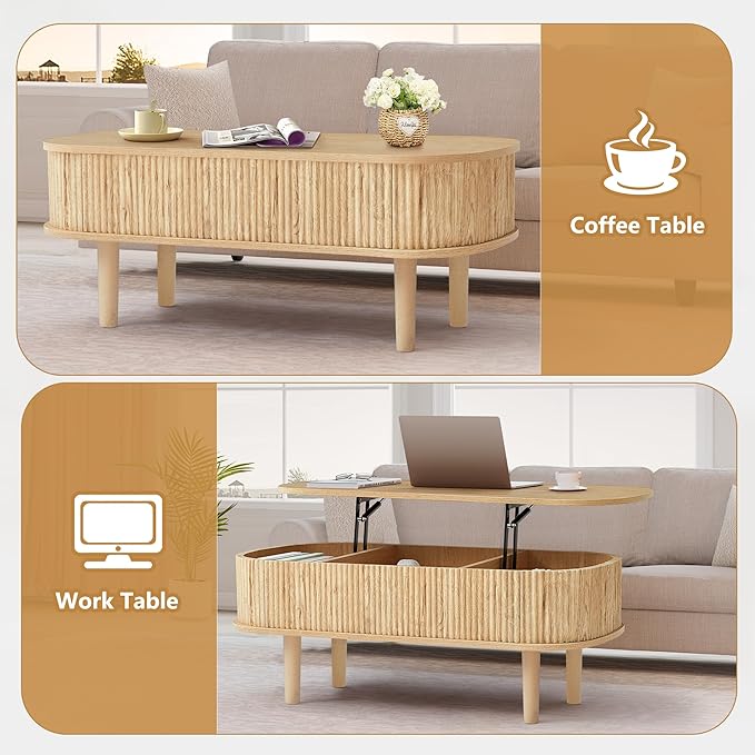 Fluted Lift Top Coffee Table with Hidden Compartment, Fully Assembled Wooden Center Table, Modern Oval Lift Tabletop for Home Living Room Office, Natural