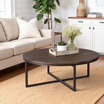 Load image into Gallery viewer, Alaterre Furniture Arcadia 42-Inch Round Acacia Wood Coffee Table – Industrial Living Room Table with Antiqued Mocha Finish and Metal Sled Legs – Ideal Centerpiece for Sectionals and Sofas