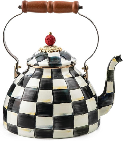 MACKENZIE-CHILDS Enamel Tea Kettle, Stylish Tea Kettle for Stovetop, Black-and-White Courtly Check, 3 Quarts