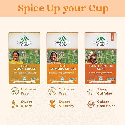 ORGANIC INDIA Tulsi Turmeric Ginger Herbal Tea - Stress Relieving & Harmonizing, Immune Support, Aids Digestion, Vegan, Caffeine-Free - 18 Infusion Bags, 6 Pack