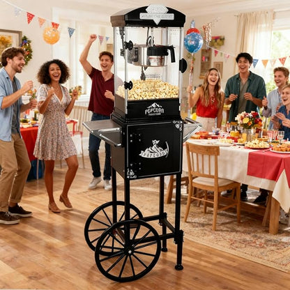 10oz Popcorn Machine with Cart, Wheels & Stainless Steel Kettle, Vintage Movie Theater Style, Popcorn Maker Machine for Parties, Events, Home & Commercial Use, Black