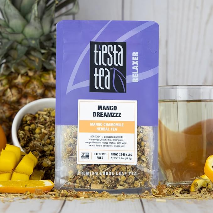 Tiesta Tea - Mango Dreamzzz Chamomile Loose Leaf Herbal Tea, Relaxing Chamomile & Lemongrass Blend, Caffeine-Free, Brew Hot or Iced, Makes Up to 25 Cups, Resealable Pouch, 1.5 Ounce