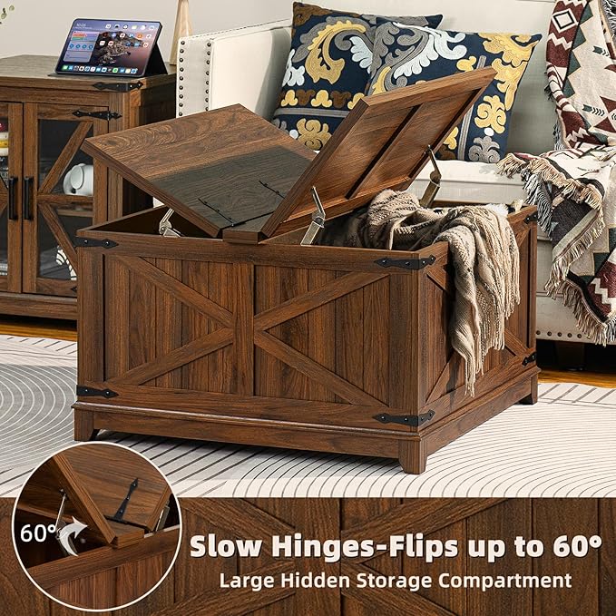 Farmhouse Coffee Table with Hidden Storage Space, Wood Square Large Center Table for Living Room, Farm House Rustic Brown Retro Coffee Tables with Hinged Lift Top for Meeting Room, Home