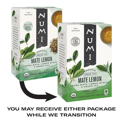 Numi Organic Tea Mate Lemon, 18 Count (Pack of 2) Box of Tea Bags, Yerba Mate Green Tea Blend (Packaging May Vary)