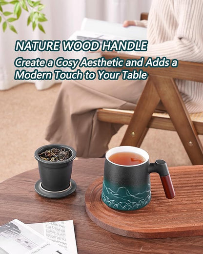 ZENS Tea Cup with Infuser and Lid for Loose Leaf Steeping, 16.9oz Embossed Ceramic Tea Infuser Mug, Wood Handle Tea Diffuser, Great Gift