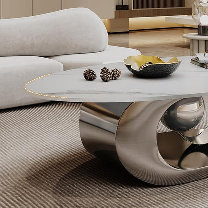 Marble Grain Coffee Table with Gold Stainless Steel Pedestal,Modern Coffee Tables,Oval Living Room Table with Faux Marble Top & Luxury Legs,Sintered Stone Cocktail Center Table,49.20inch