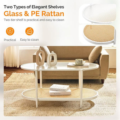 VINGLI 38" Rattan Oval Coffee Table, Glass Metal Center Table, Modern Coffee Tables with 2-Tier Storage, Farmhouse Coffe Table for Living Room and Small Space, White