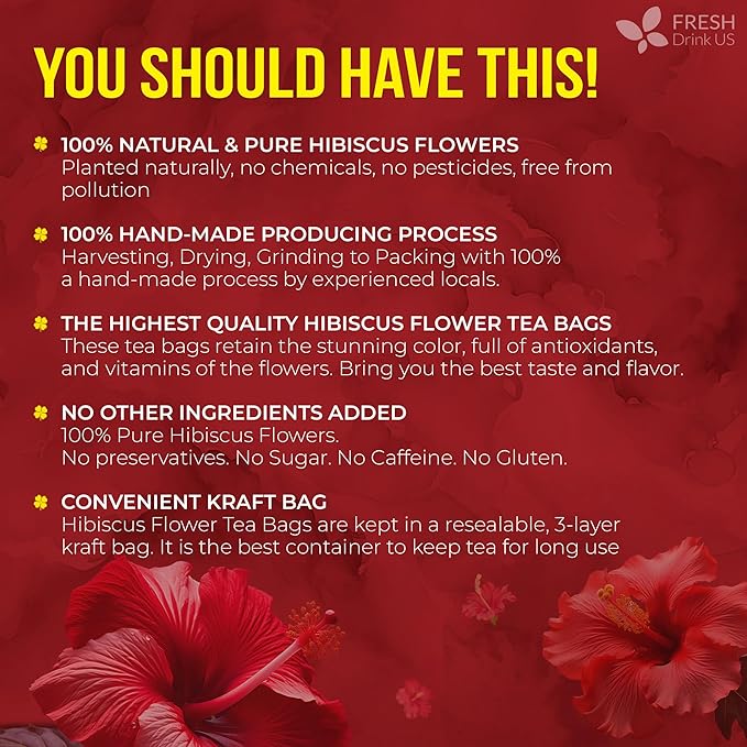 FreshDrinkUS, Premium 140 Hibiscus Flowers Tea Bags, 100% Natural, Handmade & Pure from Hibiscus Flowers. No Sugar/Caffeine/Gluten, Vegan. Tart & Refreshing, Hot or Ice Tea, Great For All Seasons