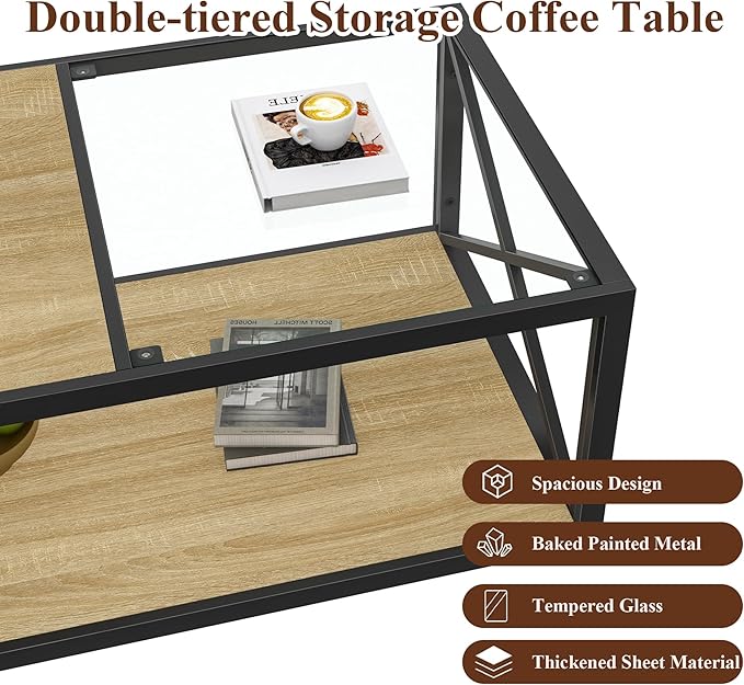 Rustic Coffee Table Set of 3, End Table Mordern Living Room Table Set with Tempered Glass Top Splicing Wood MDF, Black Metal Frame Industrial Style, Natural