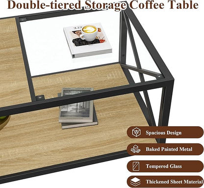 39" Glass Coffee Table Mordern Living Room Table with Black Metal Frame, Rectangle Tempered Glass Top & Rustic Wood MDF Storage Shelves, Industrial Style Natural
