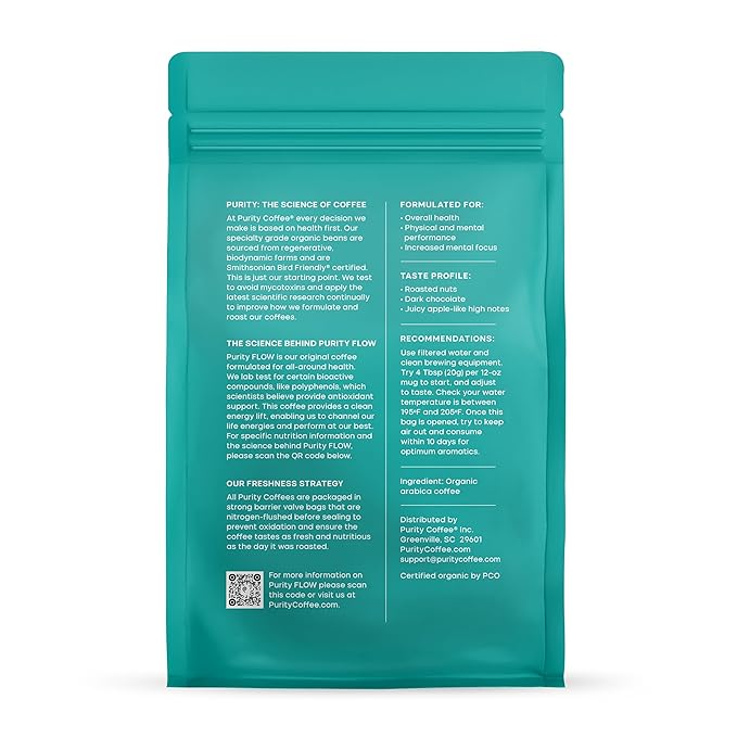 Purity Coffee FLOW Original Medium Roast Ground Coffee for Focus and Clean Energy - USDA Organic and Third-Party Tested for Antioxidants, Mold, Mycotoxins and Pesticides - 12oz (Purity Flow, medium_roast) | Ground| FLOW