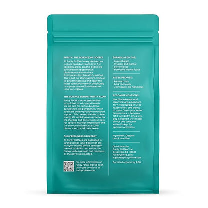 Purity Coffee FLOW Original Medium Roast Ground Coffee for Focus and Clean Energy - USDA Organic and Third-Party Tested for Antioxidants, Mold, Mycotoxins and Pesticides - 12oz (Purity Flow, medium_roast) | Ground| FLOW