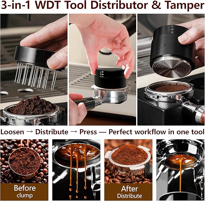 53mm Espresso Accessories Kit, 3-in-1 Coffee Distributor and Tamper, WDT Tool Espresso Distribution Tool Set Fits Espresso Coffee Machines and 58 mm Portafilters Accessories (53mm)