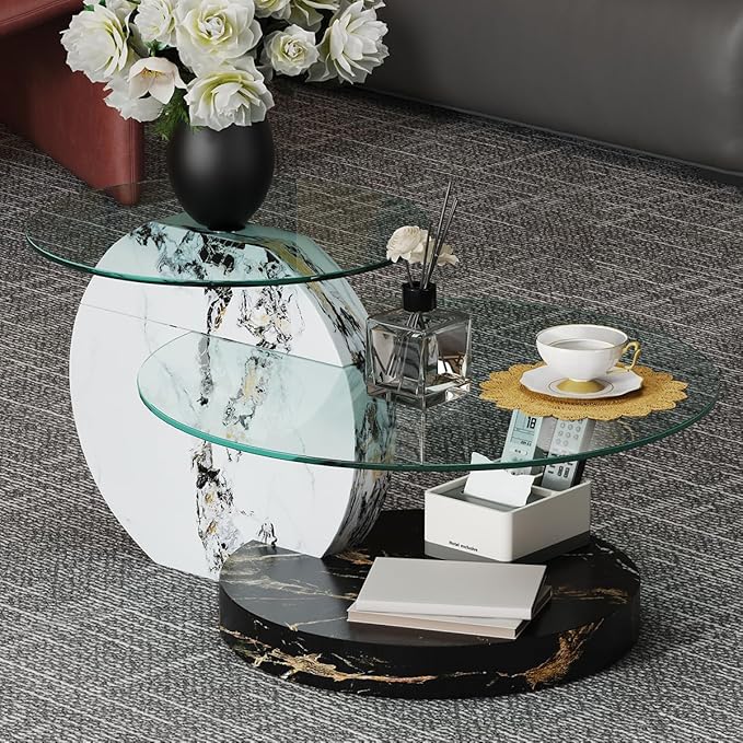 35 Inch Glass Coffee Table，Round Coffee Table with 2-Tier Tempered Glass Tabletop，Easy to Clean Circle Coffee Table with Sturdy Base for Living Room，Office (White & Black Marble Colored Base)