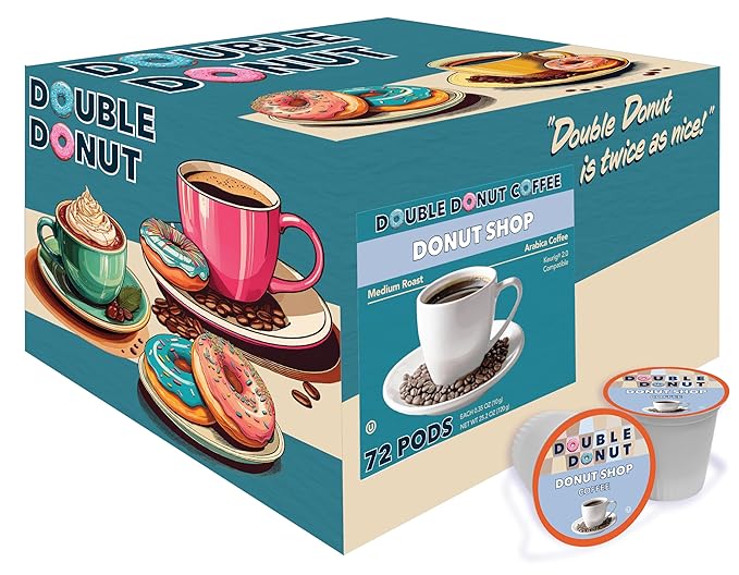Double Donut Donut Shop Flavored Coffee Pods,Medium Roast Coffee, Compatible with Keurig K Cups Brewers, 72 Count Value Pack