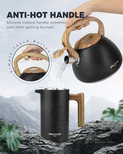 POLIVIAR Tea Kettle, 2.7 Quart Stovetop Tea Kettle, Audible Whistling Teapot with Crackle Finish, Food Grade Stainless Steel for Anti-Rust, Anti Hot Handle, Suitable for All Heat Sources (JX2023-LRB)