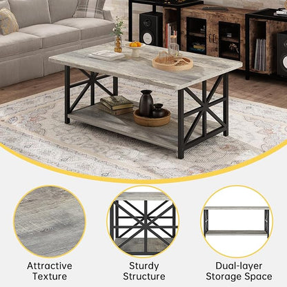 AWQM Gray Coffee Table for Living Room with Round Corners, 2 Tier Living Room Table with Storage Shelf,Rectangular Coffee Table Center Table for Small Spaces,Easy Assembly