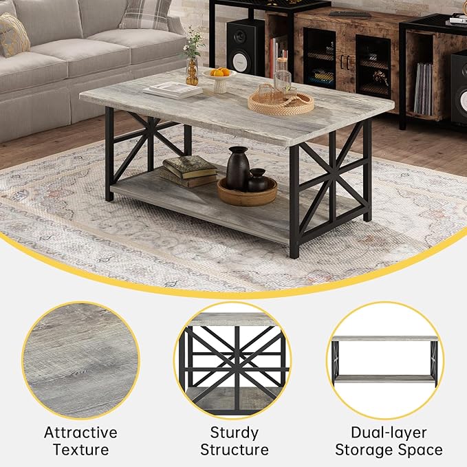 AWQM Gray Coffee Table for Living Room with Round Corners, 2 Tier Living Room Table with Storage Shelf,Rectangular Coffee Table Center Table for Small Spaces,Easy Assembly