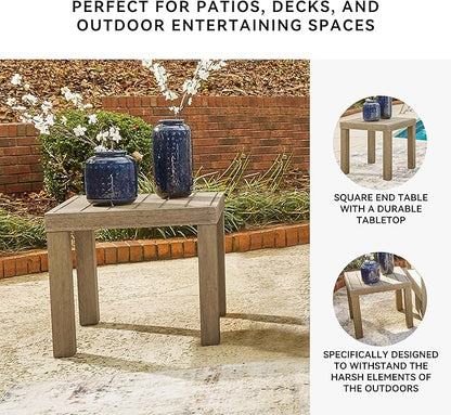 Signature Design by Ashley Silo Point Casual Outdoor Square Patio End Table with Slatted Styling, Multi-Step Finish, Eucalyptus Wood, 20.5" High, Brown